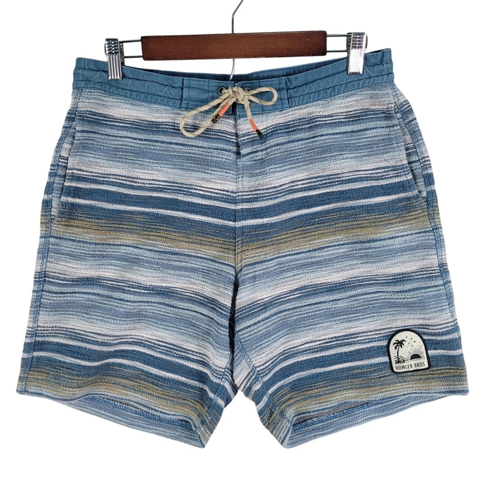 Howler Bros Shorts Men's 32 Blue Striped Terry Cloth Excellent Jacquard Lounge